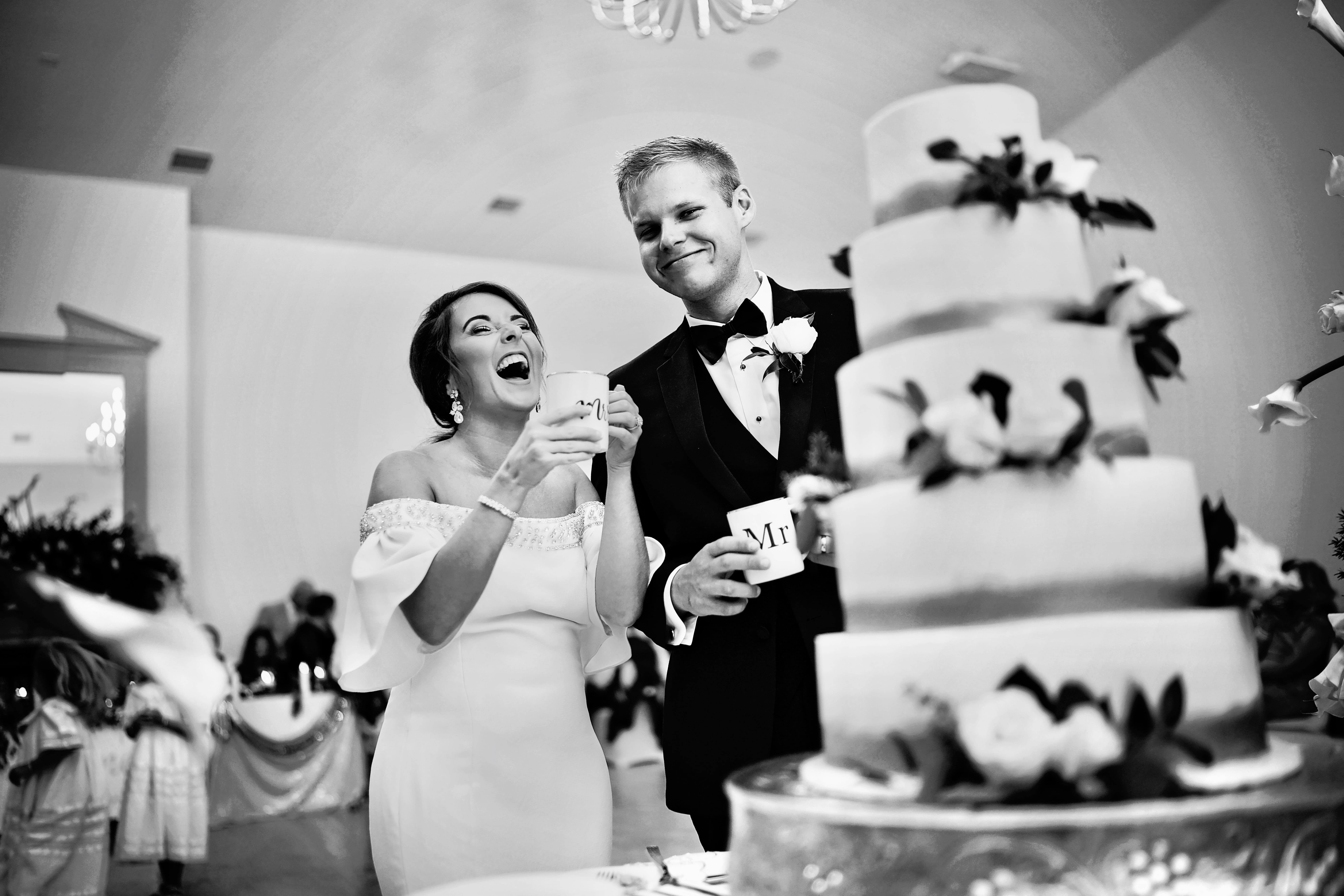 bride and groom laughing